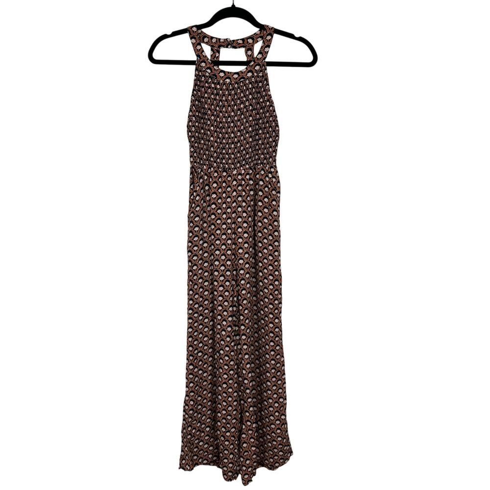 Jessica Simpson Womens Halter Neck Floral Smocked Wide Leg Brown Jumpsuit XS